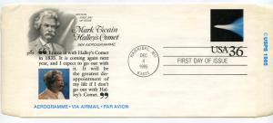 UC60 36c Mark Twain, Halley's Comet,  Aerogramme, ArtCraft, FDC