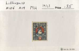 LITHUANIA  #106 ,UNUSED MINT HINGED ON 102 CARD - 1921 - LITH022