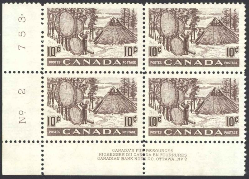 Canada Sc# 301 MNH PB LL (Plate 2) 1950 10¢ black brown Drying Skins