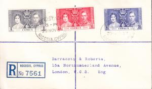 Cyprus 1937 Coronation Issue Registered Cover to London