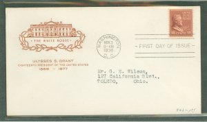 US 823 1938 18c Ulysses S. Grant (single) presidential/prexy series on an addressed (typed) first day cover with a House of Farn