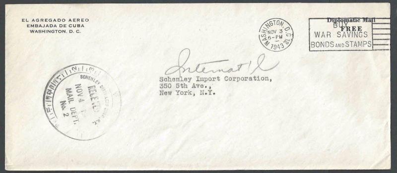 1943 El Agregado Aered Embassy Of Cuba In Wash DC Diplomatic Mail