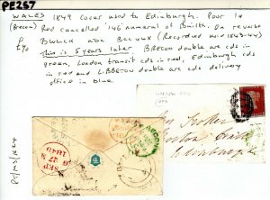 GB WALES Cover *BWLCH* UDC Late Use *146* Numeral Builth 1d Red 1849 PE257 