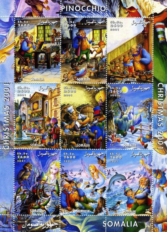 Somalia 2001 Pinocchio Disney Movie Sheet (9) Perforated mnh.vf