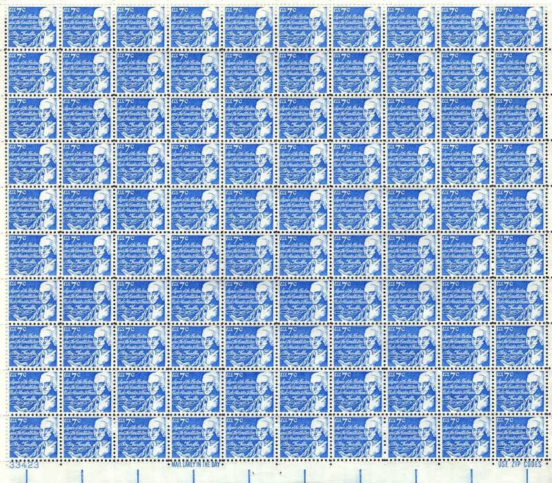 US Stamp - 1972 7c Benjamin Franklin - 100 Stamp Sheet - Scott #1393D