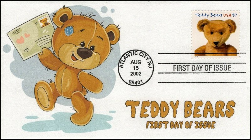 AO-3656-1, 2002, Teddy Bear, First Day Cover, Add-on Cachet, SC 3656, Ideal Bear