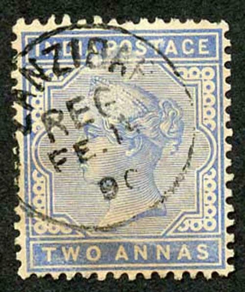 Zanzibar SGZ85 1882-90 India 2a Blue 15 Feb 90 with CDS (type Z6) Used