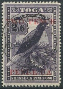 Tonga 1923 SG69 2d on 2/6d Red Shining Parrot #3 FU