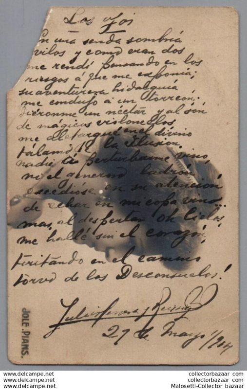 Uruguay Rare 1904 Postcard Literature â€“ Handwritten & Signed Poem by J...