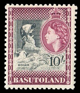 Basutoland #56 (SG 53) Cat£40, 1954 10sh QEII, never hinged