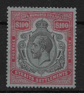 MALAYA STRAITS SETTLEMENTS SG240c 1923 $100 BLACK & CARMINE ON BLUE USED