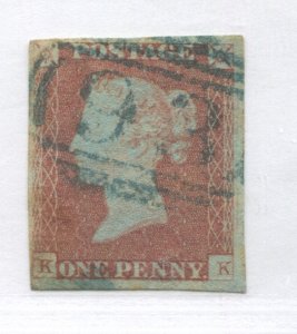 1841 Penny Red KK struck by a BLUE Boroughbridge Yorkshire numeral 93