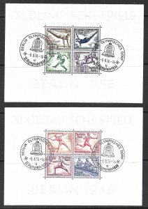 GERMANY 1936 BERLIN OLYMPICS Souvenir Sheet Set of 2 Sc B91-B92 Used