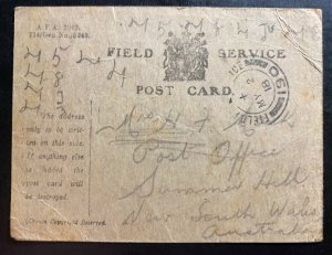 1918 ANZAC Field Post Office Somme France WWI PC Cover To Summer Hill Australia