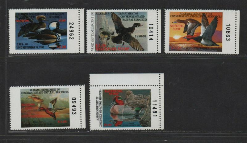 $US State Duck Stamps, Alabama Sc#11-15 M/NH/VF, complete set, Cv. $50