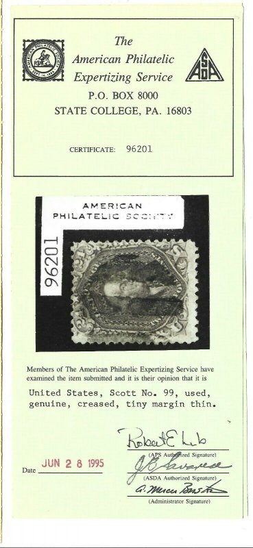 United States Scott 99 24-cent used  flaws APS Certificate 2016 cv $1600.00