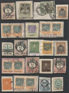 HUNGARY Group of 24 Used Revenue stamps on piece, VF Interesting cancels