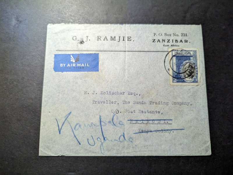 1937 Zanzibar Airmail Cover to Nairobi Kenya Rerouted Kampala Uganda British KUT