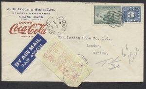 1949 Newfoundland Grand Bank Merchant Coca Cola Advertising Short Paid to London