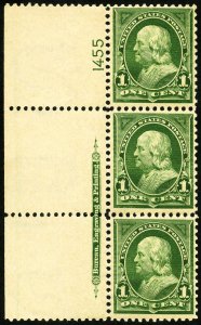 US Stamps # 279 MNH XF Strip Of 3 With Plate # And Imprint 