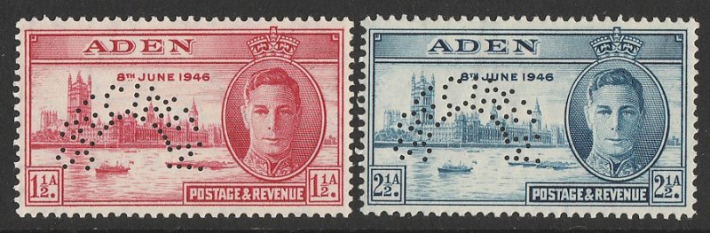 ADEN : 1946 KGVI Victory set 1½a & 2½a, perf SPECIMEN. MNH **.