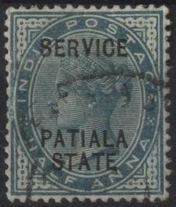 India: Patiala O8 (used) ½a Victoria, grn, ovpt “Service Patiala State” (1895)