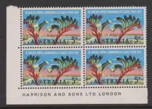 Australia 1962 Common Games Sc#349 Corner Block of 4 Mint Hinged on 2 stamps