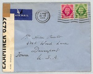 GB WW2 Air Mail Cover Cambridge Censor USA Iowa Davenport 1943{samwells}XE106