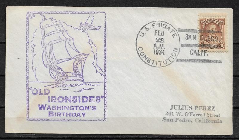 1934 Cachet Cover Washington's Birthday Frigate USS Constitution,VF USED (RN-6)