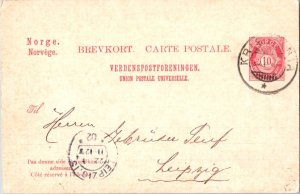 Norway 10o Post Horn and Crown Postal Card 1902 Kristiania to Leipzig, German...