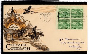 US 728 1933 1 cent Chicago Century of Progress (Fort Dearborn) block of four on an addressed FDC with a Linprint cachet