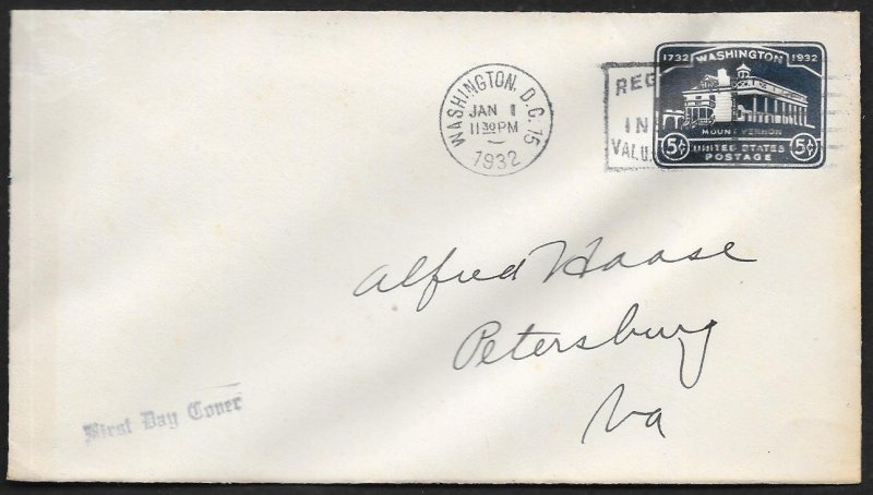 UNITED STATES FDC 5¢ Mount Vernon EMBOSSED Envelope 1932