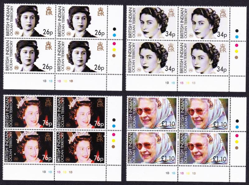 BIOT Queen Elizabeth II 4v Corner Blocks of Four SG#348-351