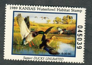 KS3 Kansas #3 MNH State Waterfowl Duck Stamp - 1989  Mallard