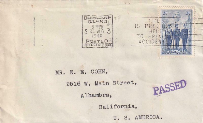 1941, Brisbane, Australia to Alhambra, CA, Passed, See Remark (C4316)