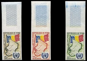 Chad #67-69, 1961 United Nations, imperf. sheet margin set of three, never hi...