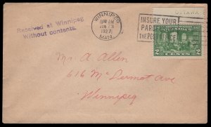 1927 2c Confederation FDC with imprint portion and Received at Winnipeg with...