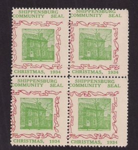 LOCAL CHRISTMAS SEAL: SHIPPENSBURG PA 1934 SCARCE ITEM! Fn MNH blk 4 + BONUS!