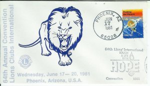 Lions Clubs Int. 64th Annual HOPE Convention 1981 Phoenix Arizona Cachet/Cancel