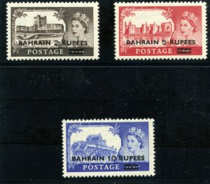 Bahrain 1955 QEII Surcharges set complete MLH. SG 94-96. Sc 96-98.