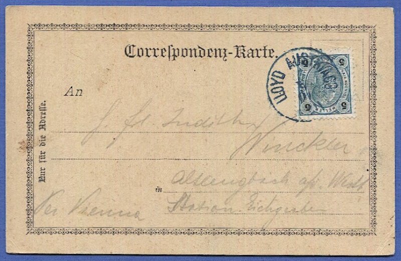 AUSTRIA 1901  5h on color ppc, Blue LLOYD AUSTRIACO XLII Habsburg blue cancel