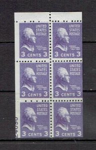 UNITED STATES - 1938 3 CENT JEFFERSON BK PANE WITH PLATE NO. - SCOTT 807a - MNH