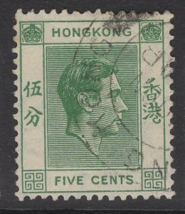 HONG KONG SG143 1938 5c GREEN p14 USED