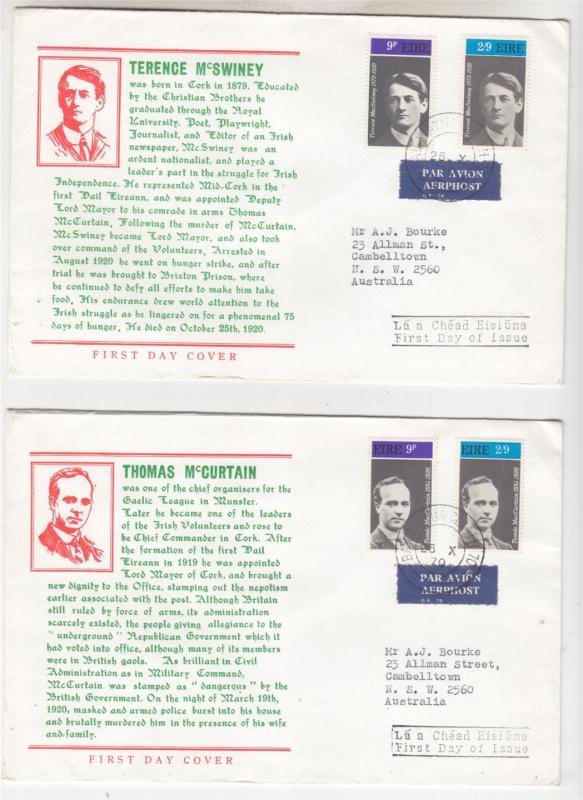 IRELAND, 1970 Irish Patriots set of 4 on 2 fdc's. to Australia.