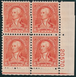 Sc# 711 U.S 1932 Washington Bicentennial 6¢ plate block 20570 MNH CV $70.00