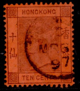 HONG KONG QV SG38, 10c purple/red, FINE USED.