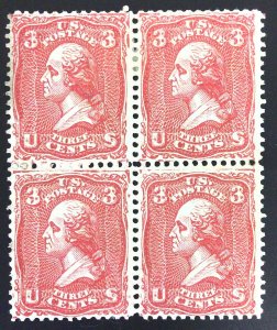 Scott #79-E25k - 3c Pale Red - Lithographic Essay-Block of 4-Grill Points Down