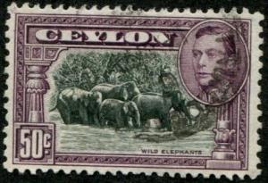 Ceylon SC# 286d / SG# 394b Wild Elephants, 50c, p13-1/2, MH