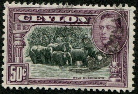 Ceylon SC# 286d / SG# 394b Wild Elephants, 50c, p13-1/2, MH