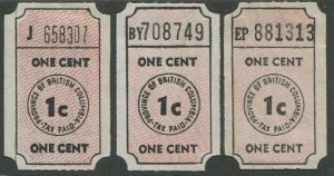 Canada Revenue British Columbia 1¢ Social Security and Municipal Aid Tax Tickets